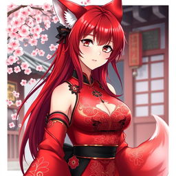 A sexy anime girl depicted as a Kitsune, featuring striking red shoulder-length hair that flows beautifully