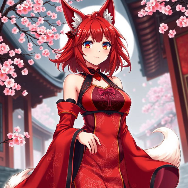 A sexy anime girl depicted as a Kitsune, featuring striking red shoulder-length hair that flows beautifully