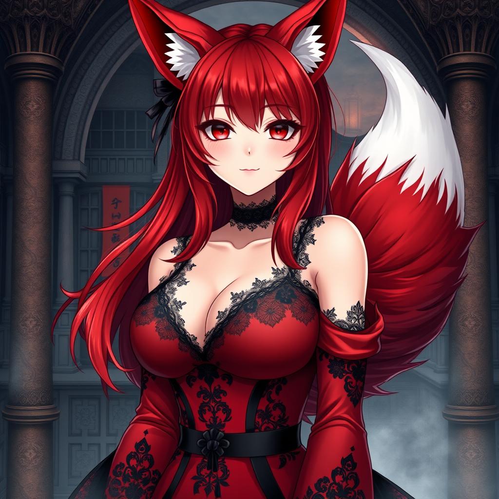 A sexy gothic anime girl depicted as a Kitsune, showcasing her enchanting fox-like features