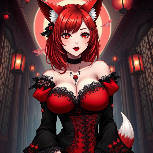 A sexy gothic anime girl depicted as a Kitsune, showcasing her enchanting fox-like features