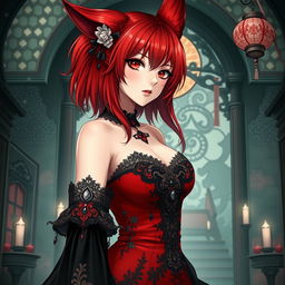 A sexy gothic anime girl styled as a Kitsune, featuring striking red shoulder-length hair that complements her enchanting appearance