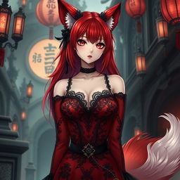 A sexy gothic anime girl styled as a Kitsune, featuring striking red shoulder-length hair that complements her enchanting appearance