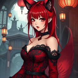 A sexy gothic anime girl styled as a Kitsune, featuring striking red shoulder-length hair that complements her enchanting appearance