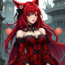 A sexy gothic anime girl styled as a Kitsune, featuring striking red shoulder-length hair that complements her enchanting appearance