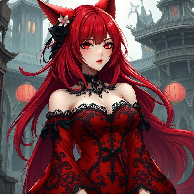 A sexy gothic anime girl styled as a Kitsune, featuring striking red shoulder-length hair that complements her enchanting appearance