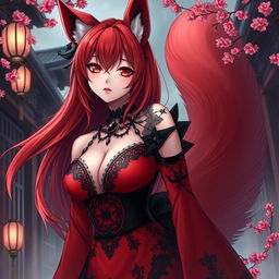 A sexy gothic anime girl represented as a Kitsune, showcasing her captivating red shoulder-length hair that flows elegantly