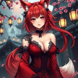 A sexy gothic anime girl represented as a Kitsune, showcasing her captivating red shoulder-length hair that flows elegantly