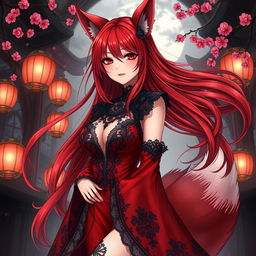 A sexy gothic anime girl represented as a Kitsune, showcasing her captivating red shoulder-length hair that flows elegantly