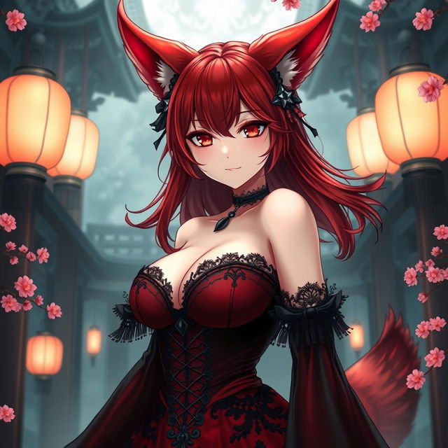 A sexy gothic anime girl represented as a Kitsune, showcasing her captivating red shoulder-length hair that flows elegantly