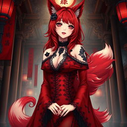 A sexy gothic anime girl depicted as a Kitsune, featuring vibrant red shoulder-length hair that adds to her mystique