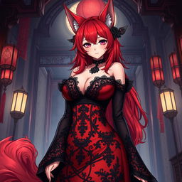 A sexy gothic anime girl depicted as a Kitsune, featuring vibrant red shoulder-length hair that adds to her mystique