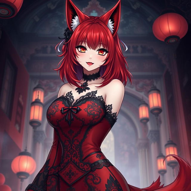 A sexy gothic anime girl depicted as a Kitsune, featuring vibrant red shoulder-length hair that adds to her mystique