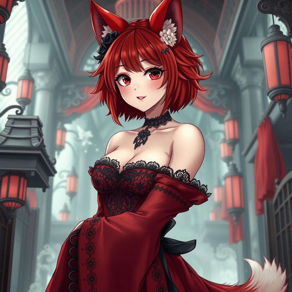 A sexy gothic anime girl depicted as a Kitsune, featuring vibrant red shoulder-length hair that adds to her mystique