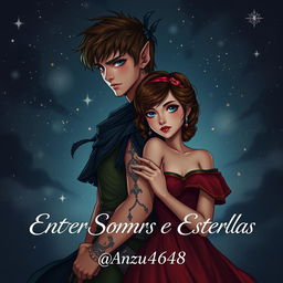 A captivating book cover for a dark romance fanfic titled 'Entre Sombras e Estrelas'