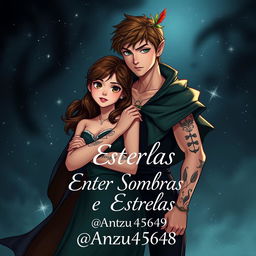 A captivating book cover for a dark romance fanfic titled 'Entre Sombras e Estrelas'