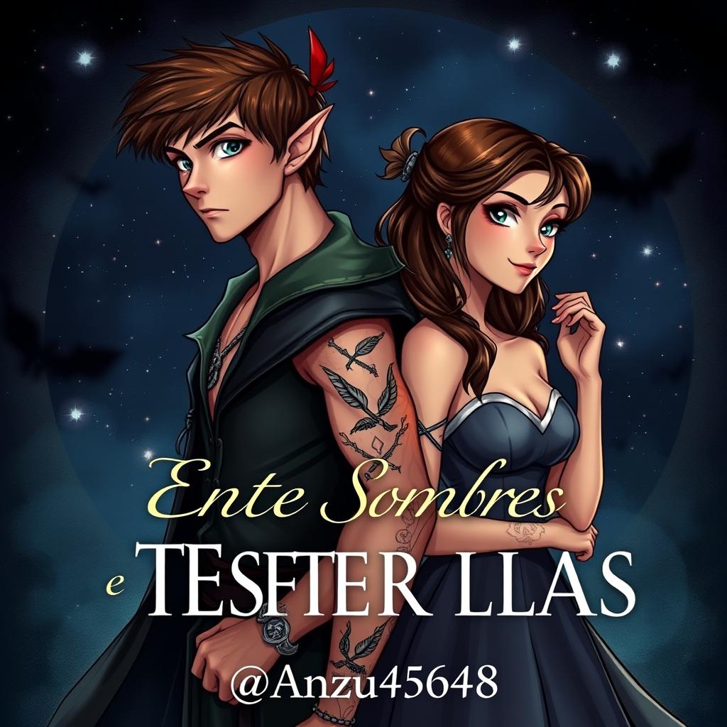 A captivating book cover for a dark romance fanfic titled 'Entre Sombras e Estrelas'