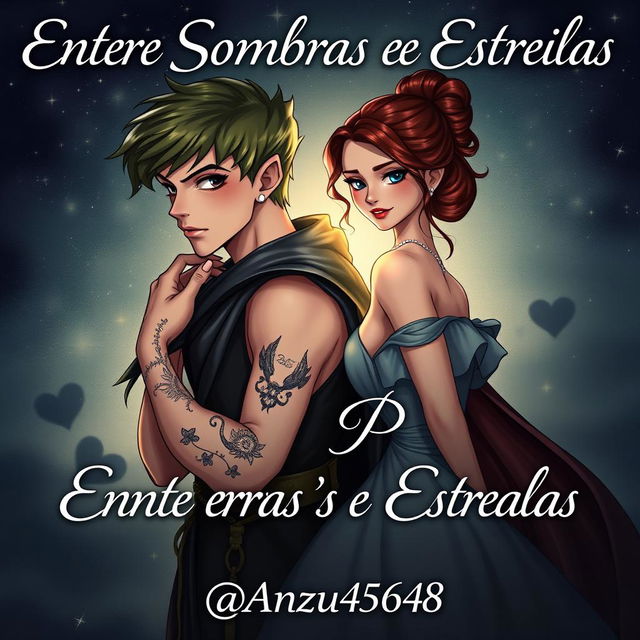 A captivating book cover for a dark romance fanfic titled 'Entre Sombras e Estrelas'