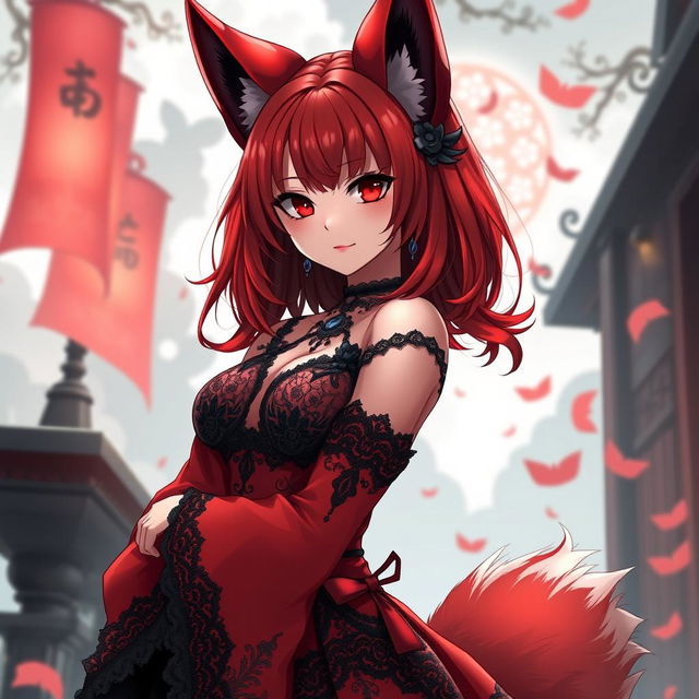 A sexy gothic anime girl depicted as a Kitsune, featuring alluring red shoulder-length hair that frames her face beautifully