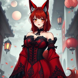 A sexy gothic anime girl depicted as a Kitsune, featuring alluring red shoulder-length hair that frames her face beautifully