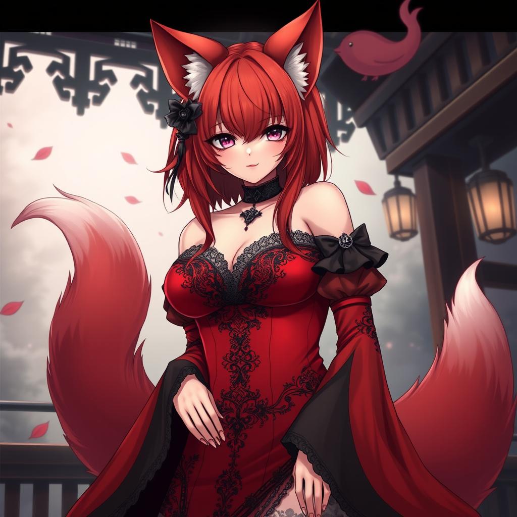 A sexy gothic anime girl depicted as a Kitsune, featuring alluring red shoulder-length hair that frames her face beautifully