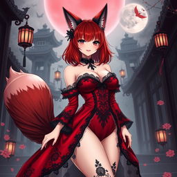 A sexy gothic anime girl depicted as a Kitsune, featuring alluring red shoulder-length hair that frames her face beautifully