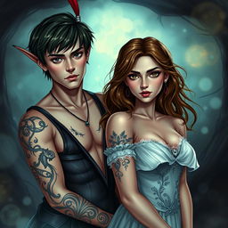 A captivating cover for a dark romance fanfic featuring Peter Pan and Wendy, both around 19 years old