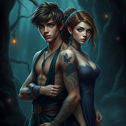 A captivating cover for a dark romance fanfic featuring Peter Pan and Wendy, both around 19 years old