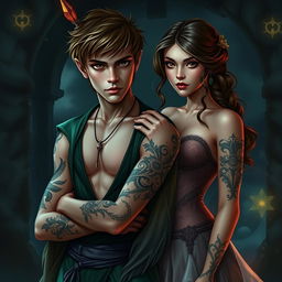 A captivating cover for a dark romance fanfic featuring Peter Pan and Wendy, both around 19 years old