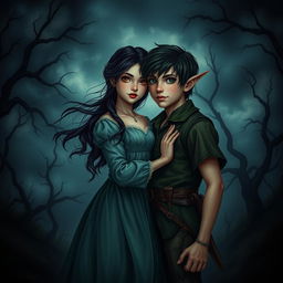 A young Wendy and Peter Pan, depicted in a dark romance style