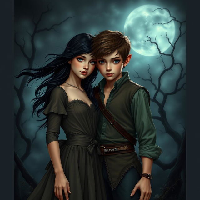 A young Wendy and Peter Pan, depicted in a dark romance style