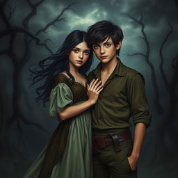 A young Wendy and Peter Pan, depicted in a dark romance style