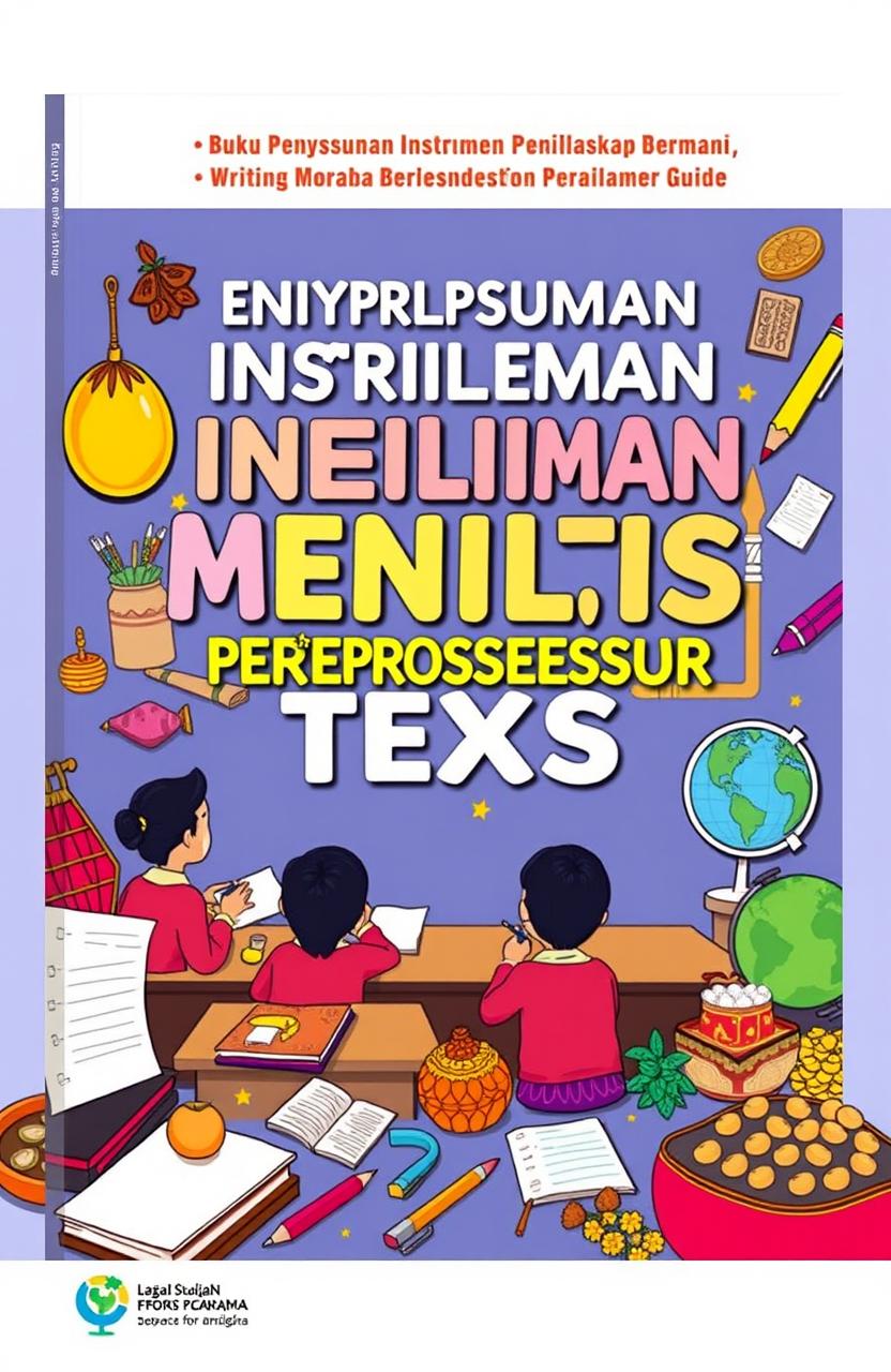 A vibrant and informative book cover design for a guide titled 'Buku Penyusunan Instrumen Penilaian Menulis Teks Prosedur Berbasis Muatan Lokal'