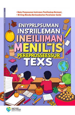 A vibrant and informative book cover design for a guide titled 'Buku Penyusunan Instrumen Penilaian Menulis Teks Prosedur Berbasis Muatan Lokal'