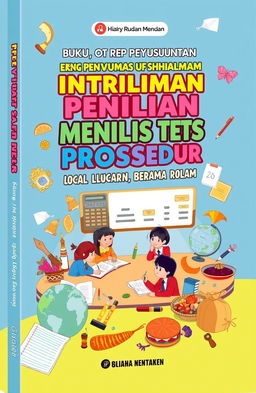 A vibrant and informative book cover design for a guide titled 'Buku Penyusunan Instrumen Penilaian Menulis Teks Prosedur Berbasis Muatan Lokal'