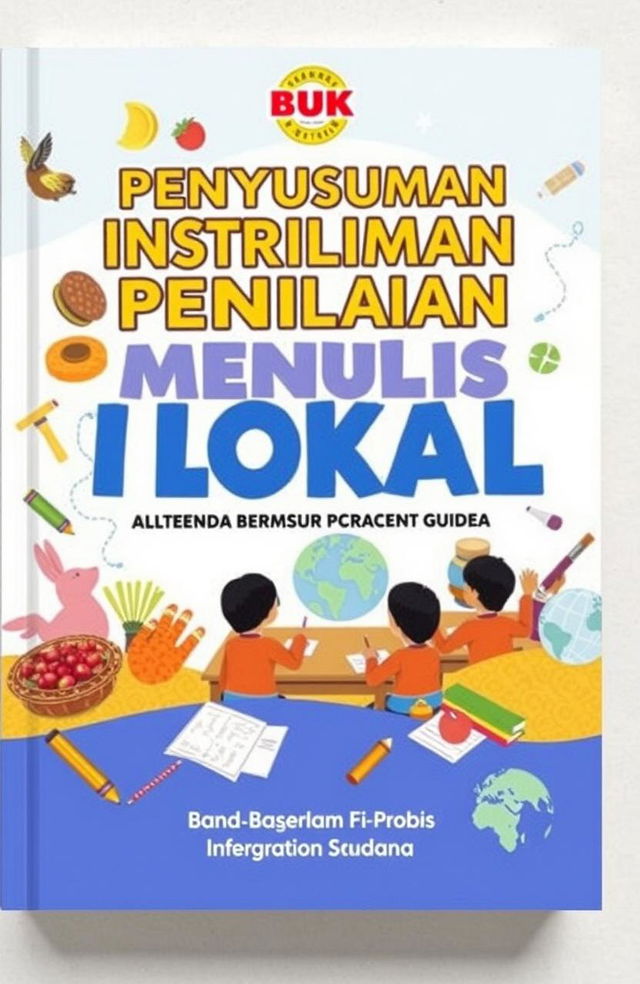 A vibrant and informative book cover design for a guide titled 'Buku Penyusunan Instrumen Penilaian Menulis Teks Prosedur Berbasis Muatan Lokal'