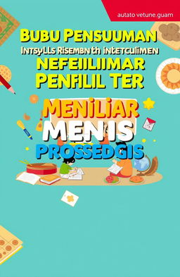 A vibrant and informative book cover design for a guide titled 'Buku Penyusunan Instrumen Penilaian Menulis Teks Prosedur Berbasis Muatan Lokal'