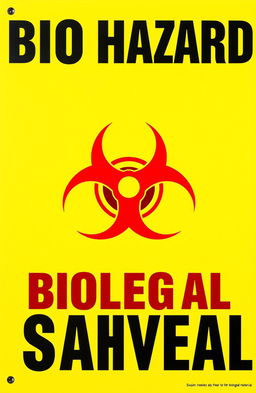 A bold and striking graphic design featuring a vibrant yellow background prominently displaying a large red biohazard insignia in the center