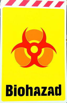 A bold and striking graphic design featuring a vibrant yellow background prominently displaying a large red biohazard insignia in the center