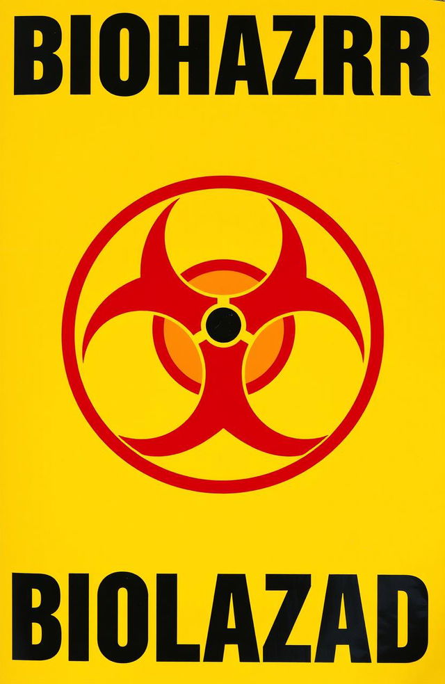 A bold and striking graphic design featuring a vibrant yellow background prominently displaying a large red biohazard insignia in the center