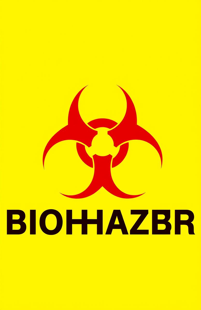 A bold and striking graphic design featuring a vibrant yellow background prominently displaying a large red biohazard insignia in the center