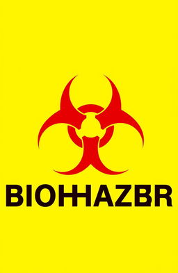 A bold and striking graphic design featuring a vibrant yellow background prominently displaying a large red biohazard insignia in the center