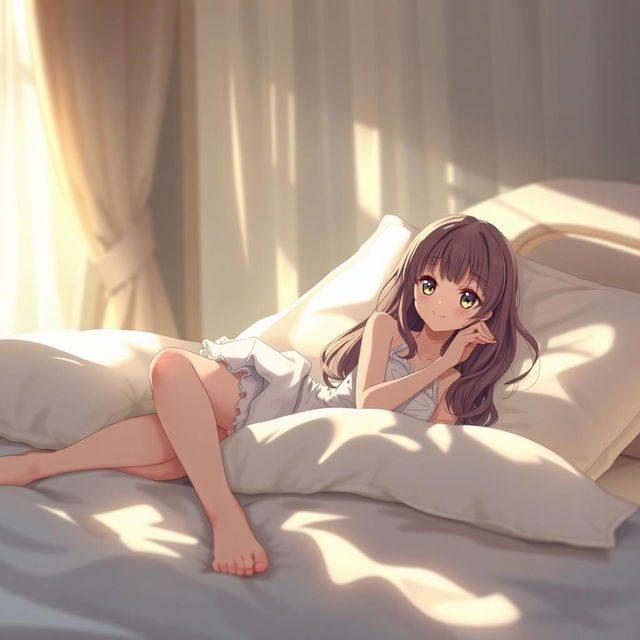 A young anime girl in an intimate, soft-lit bedroom setting, elegantly lying on a bed surrounded by plush pillows and soft sheets