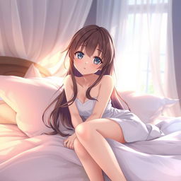 A young anime girl in an intimate, soft-lit bedroom setting, elegantly lying on a bed surrounded by plush pillows and soft sheets