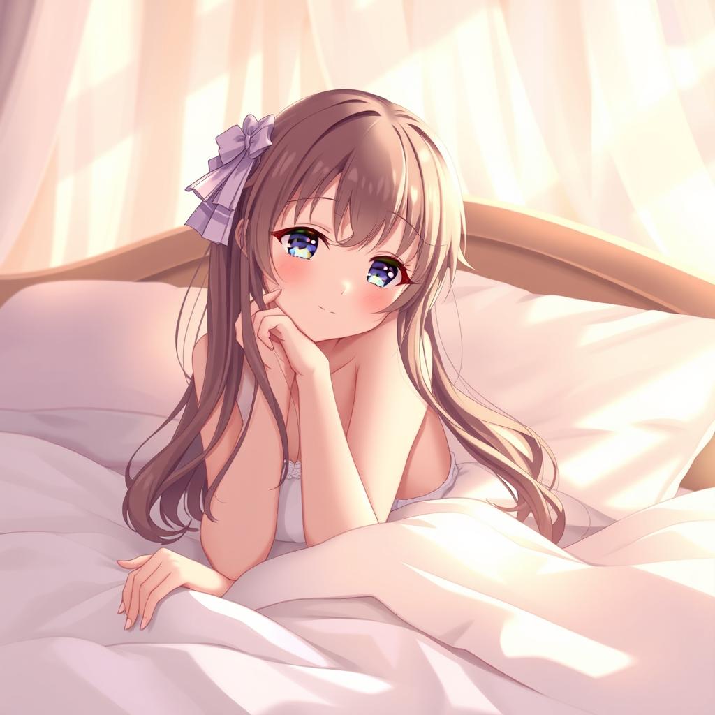 A young anime girl in an intimate, soft-lit bedroom setting, elegantly lying on a bed surrounded by plush pillows and soft sheets