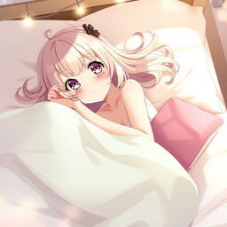 A young anime girl lying on a bed, with playful expressions, surrounded by soft pillows and colorful blankets