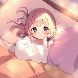 A young anime girl lying on a bed, with playful expressions, surrounded by soft pillows and colorful blankets