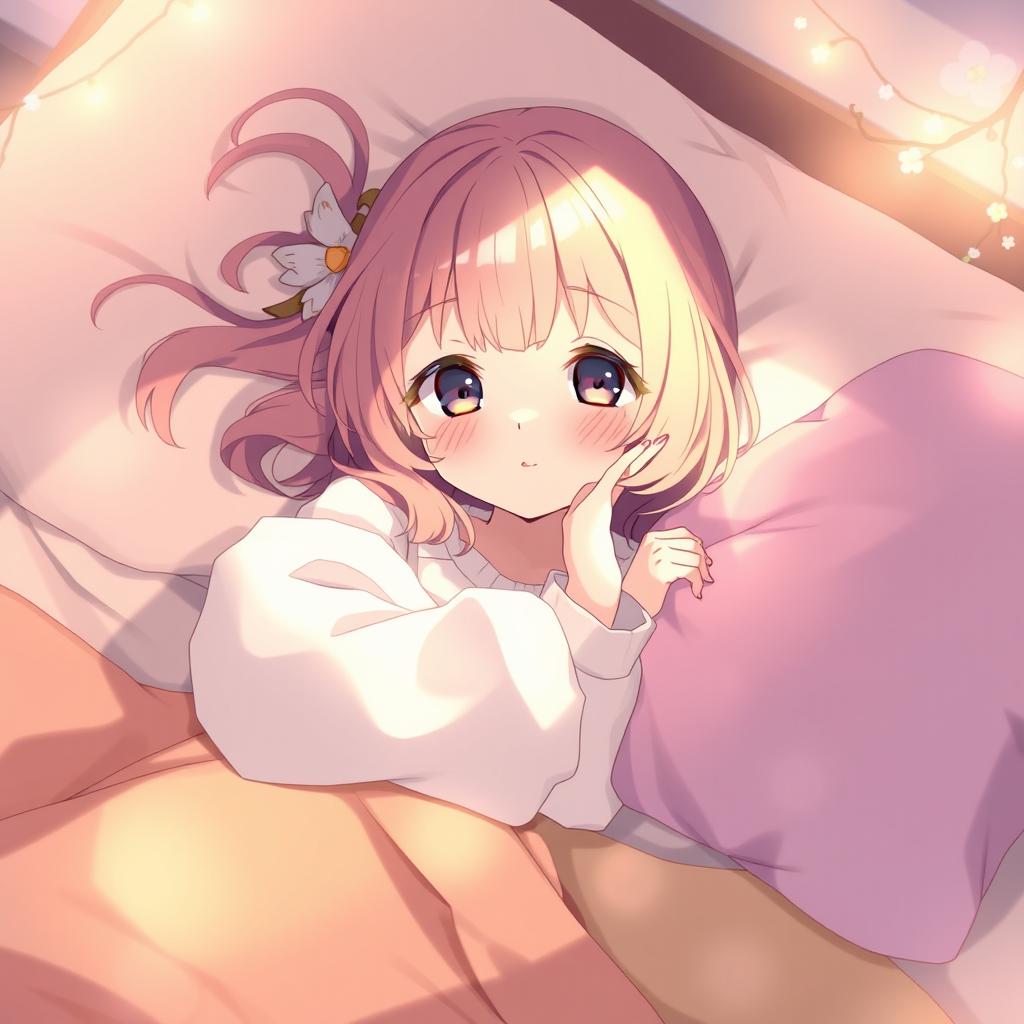 A young anime girl lying on a bed, with playful expressions, surrounded by soft pillows and colorful blankets