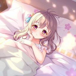 A young anime girl lying on a bed, with playful expressions, surrounded by soft pillows and colorful blankets