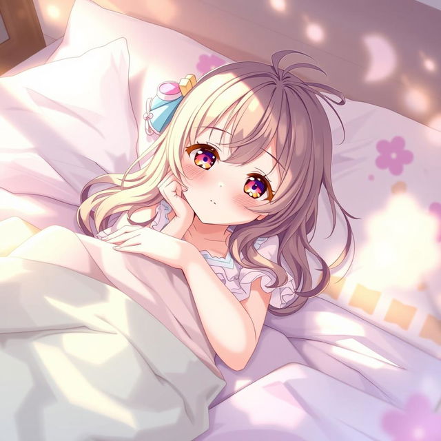 A young anime girl lying on a bed, with playful expressions, surrounded by soft pillows and colorful blankets