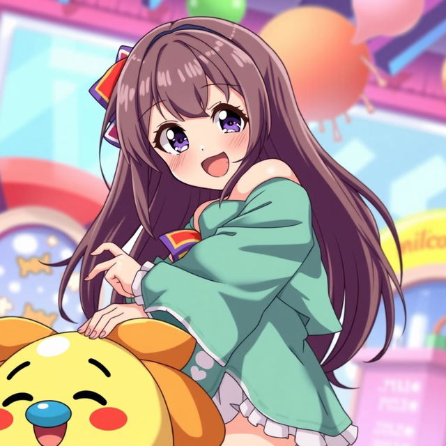 An anime girl with long, flowing hair, wearing a cute and colorful outfit, playfully interacting with a cartoonish, oversized character in a comical, fun, and whimsical manner